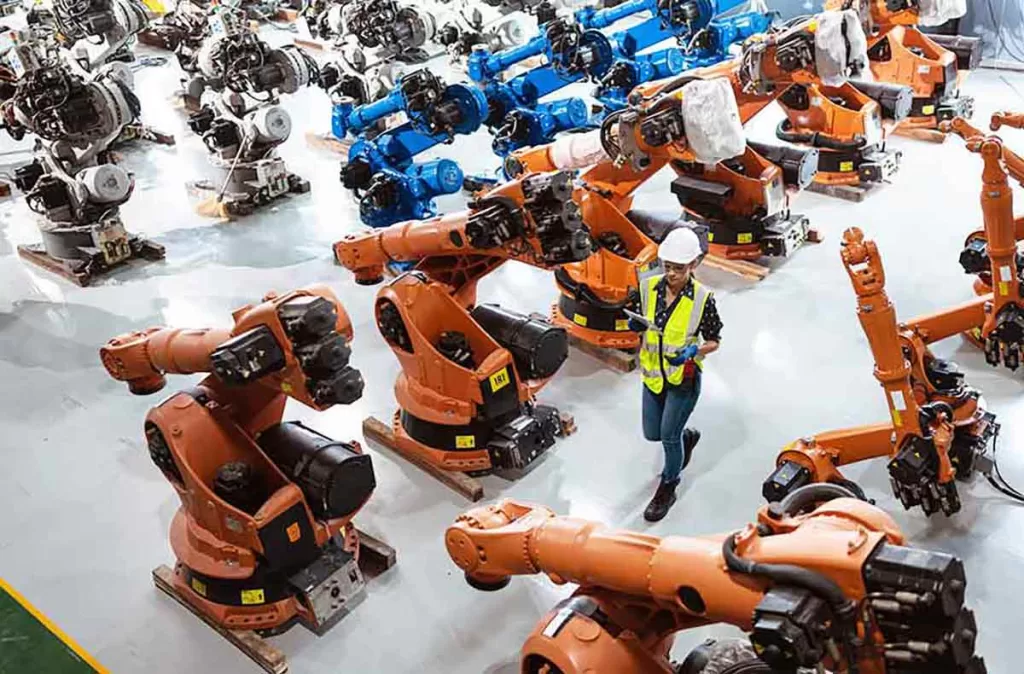 erp-female-engineer-installs-a-program-on-a-robotics